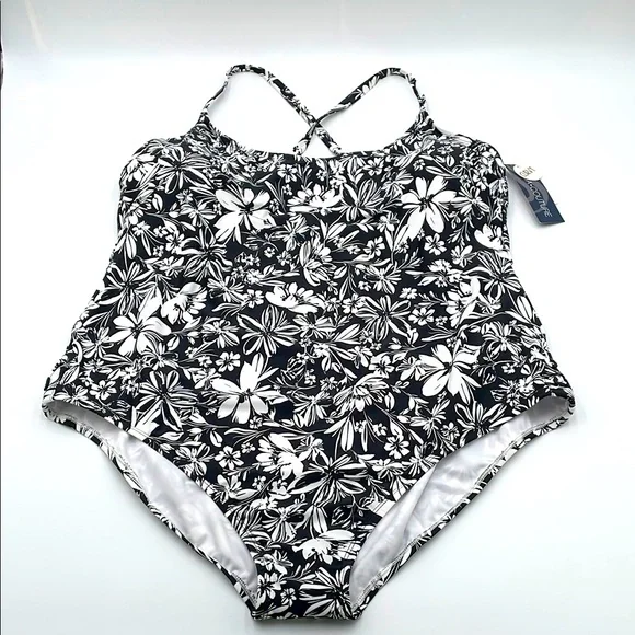Aqua Couture Black & White Curvy Bathing Suit Adjustable Straps Swimsuit - 3X - Picture 1 of 14